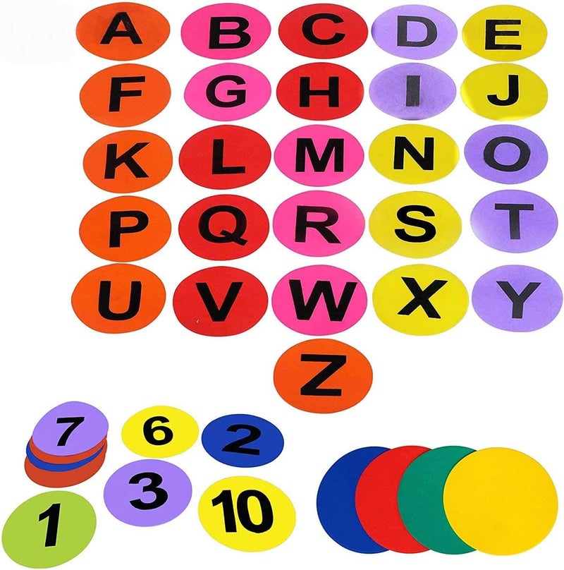 GSi Colorful Spot Markers Anti Slip Skid Rubber Dots for Drills and Training School Teaching (8 inch), Assorted Bright & Neon Colors (Alphanumeric Combo) - Image 1